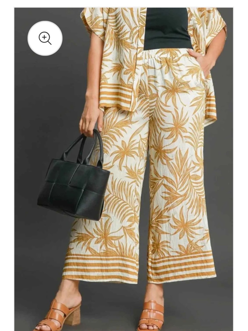 Umgee Cream Wide-Leg Palm Print Crop Pants with Mustard Palm Motif